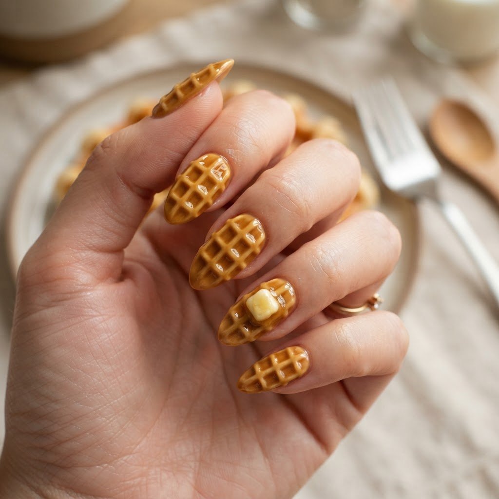 Creative 3D Breakfast Press On Nails Ideas: Fruit & Waffle Art