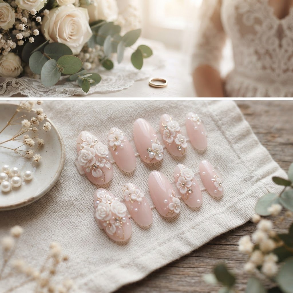 Bridal Almond Press-On Nails: 3D Flower & Pearl Designs