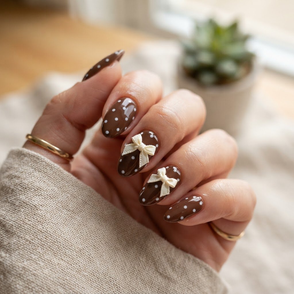 Creative Brown Aesthetic Press On Nails Ideas: Polka & Bows