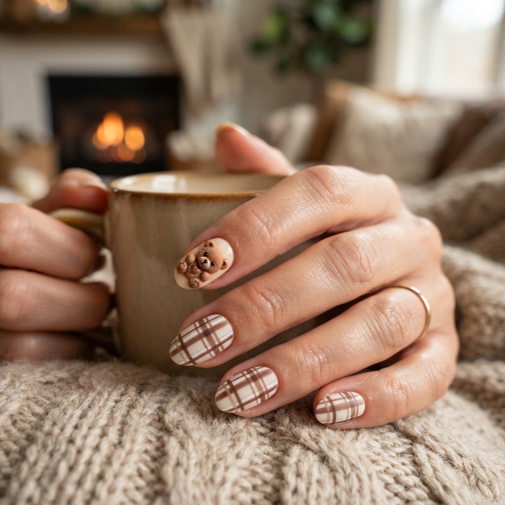 Cute Brown Bear Plaid Press On Nails Ideas for Cozy Vibes