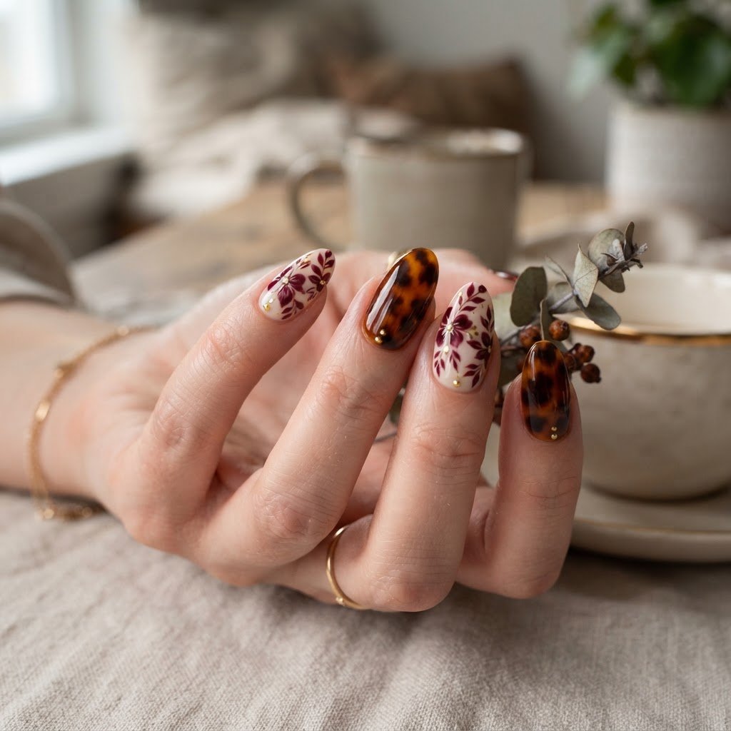 Burgundy Floral and Tortoiseshell Fall Press-On Nails