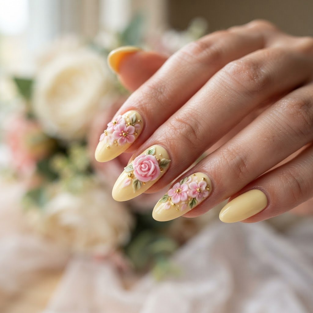 Butter Yellow Summer Press-On Nails with 3D Pink Flowers