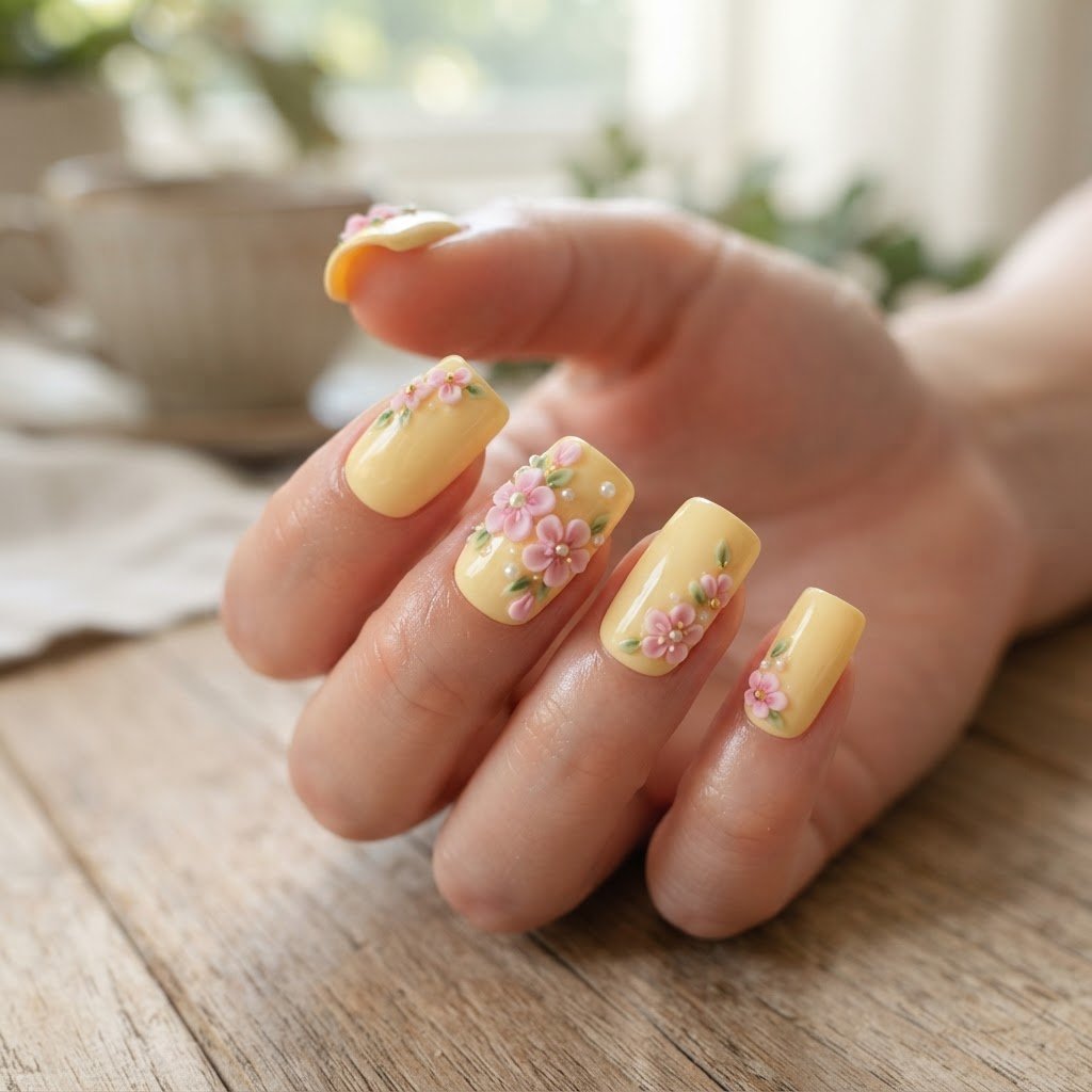 Butter Yellow Summer Press On Nails Ideas with 3D Flowers