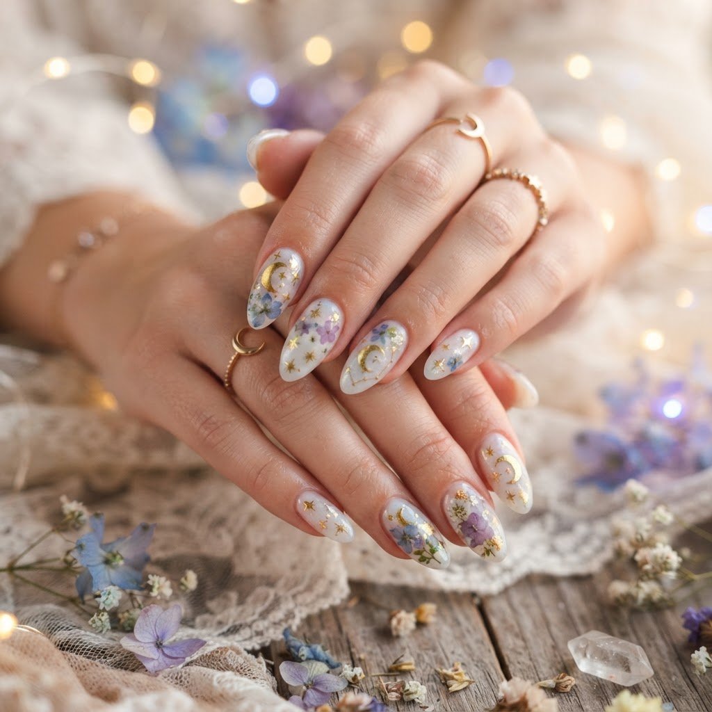 Celestial Moon Star and Floral Press-On Nails Guide
