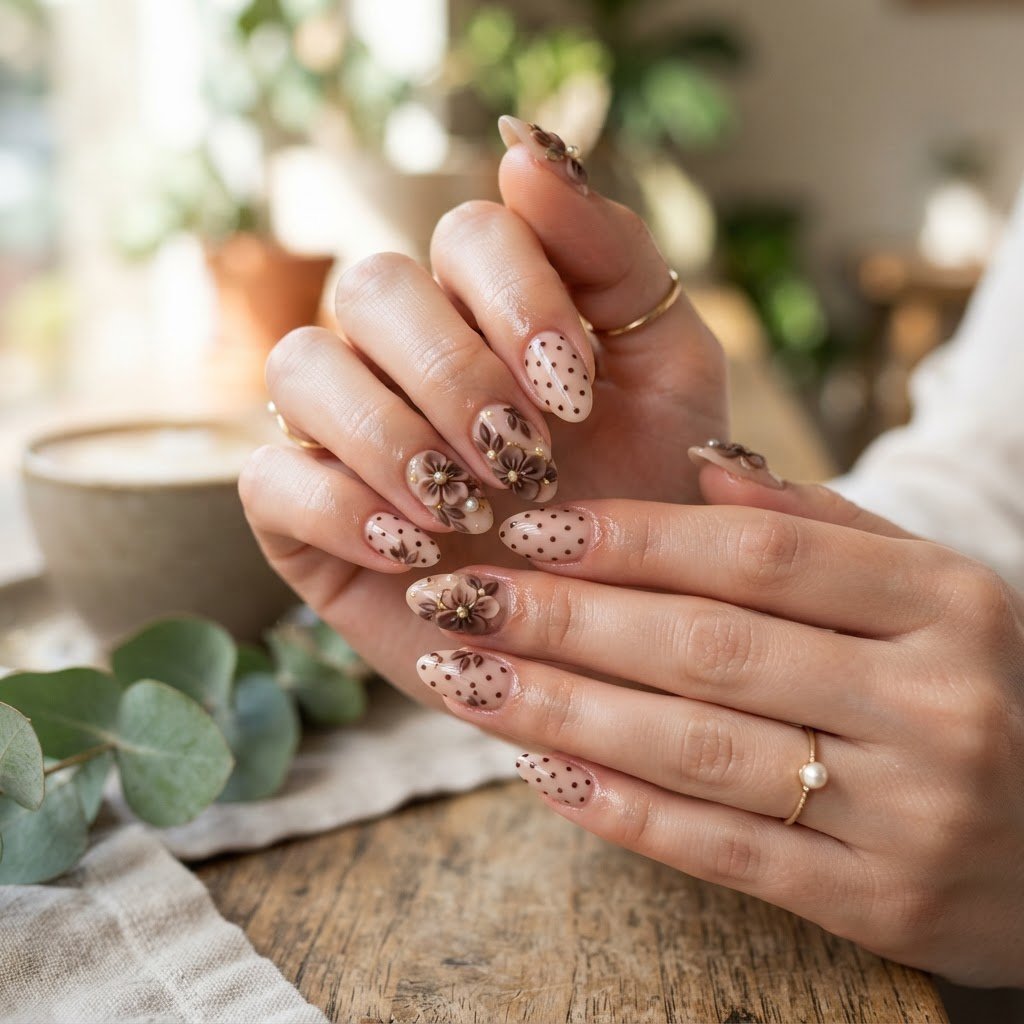 Chocolate Polka Dot and Nude 3D Floral Press-On Nails