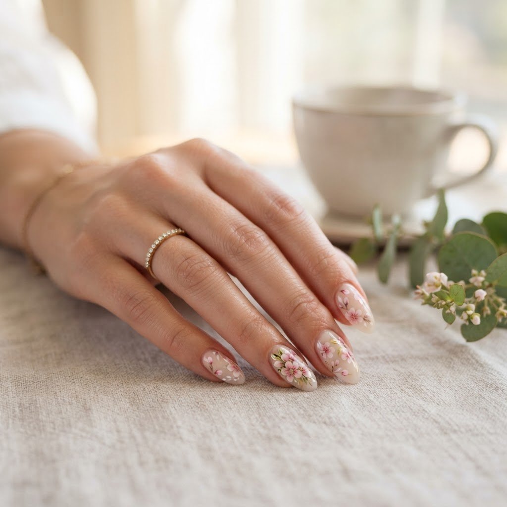 Custom Fit Almond Press-On Nails in Soft Pink Floral