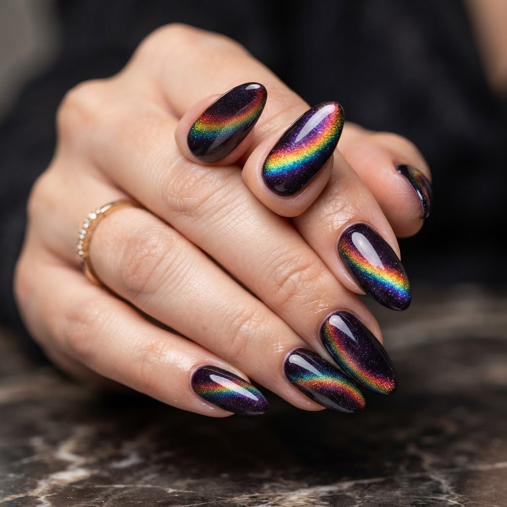 Easy At-Home Rainbow Cat-Eye Fake Nails Designs Guide