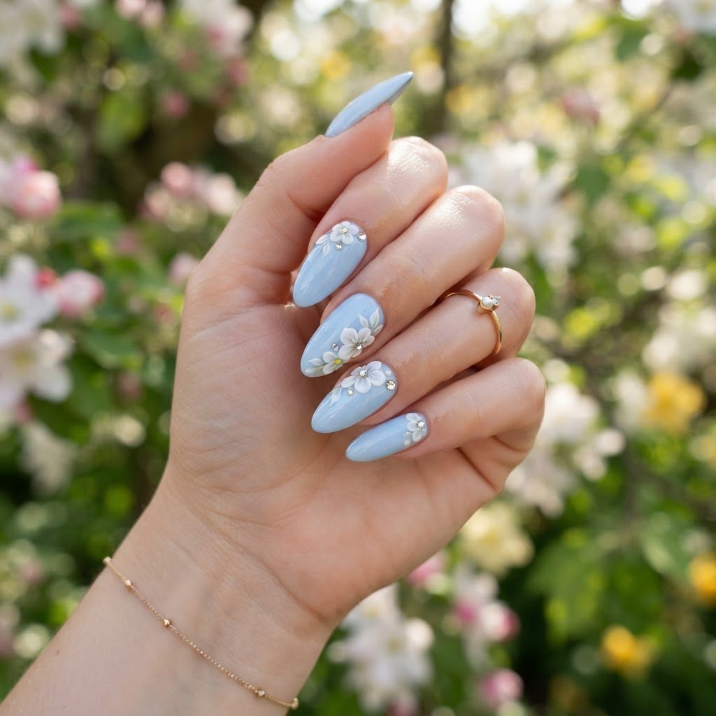 22 Dreamy Fake Nails Designs in Baby Blue for Spring