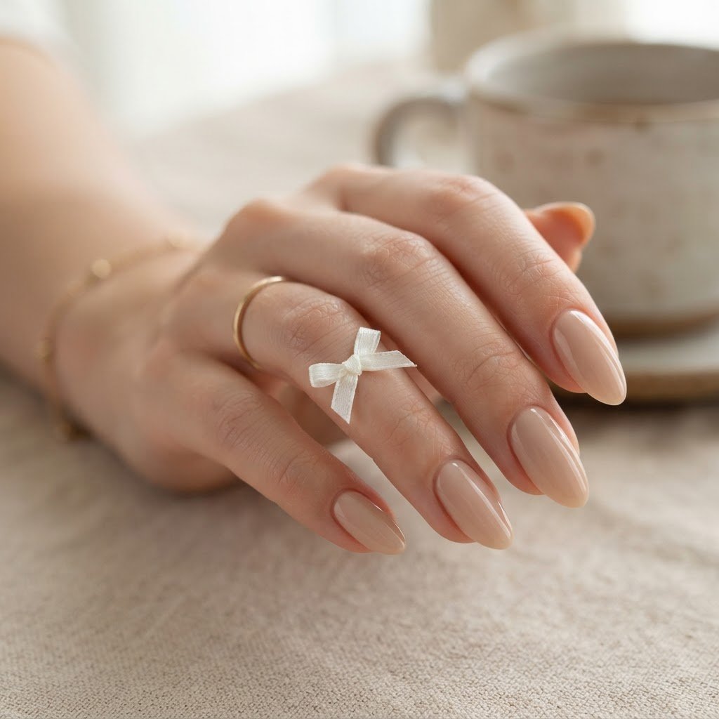 Trendy Fake Nails Designs: Clean Girl Nude With Bows