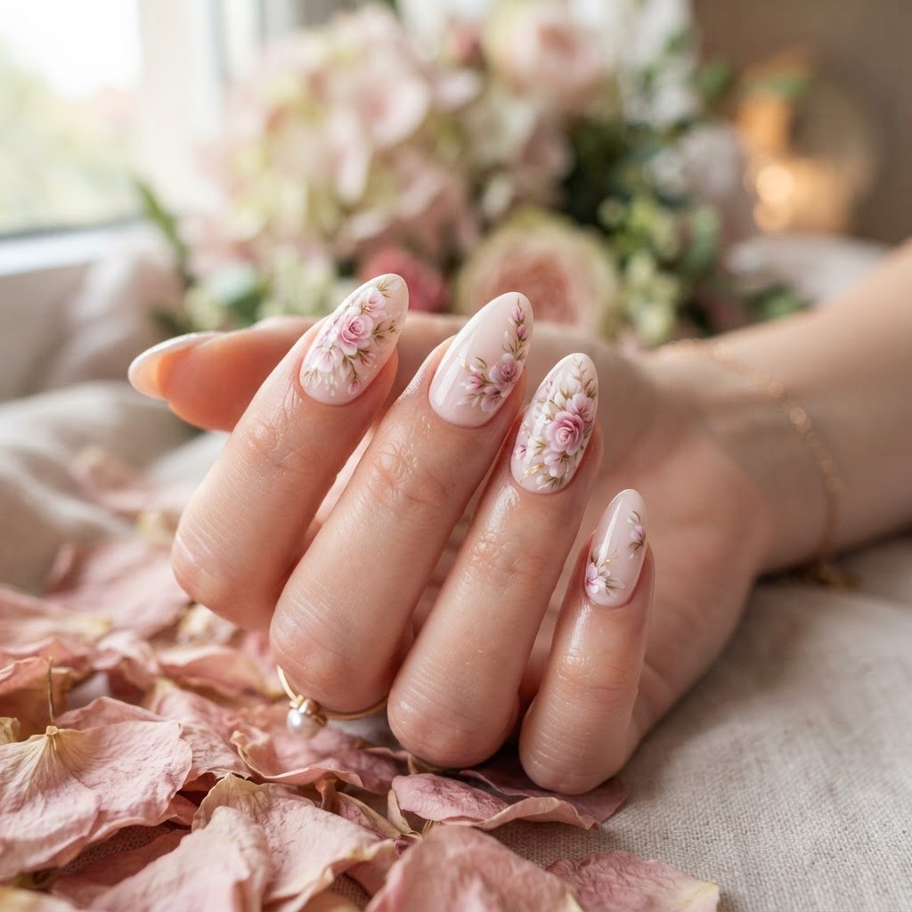 Long-Lasting Almond Press-On Nails in Trending Floral Styles