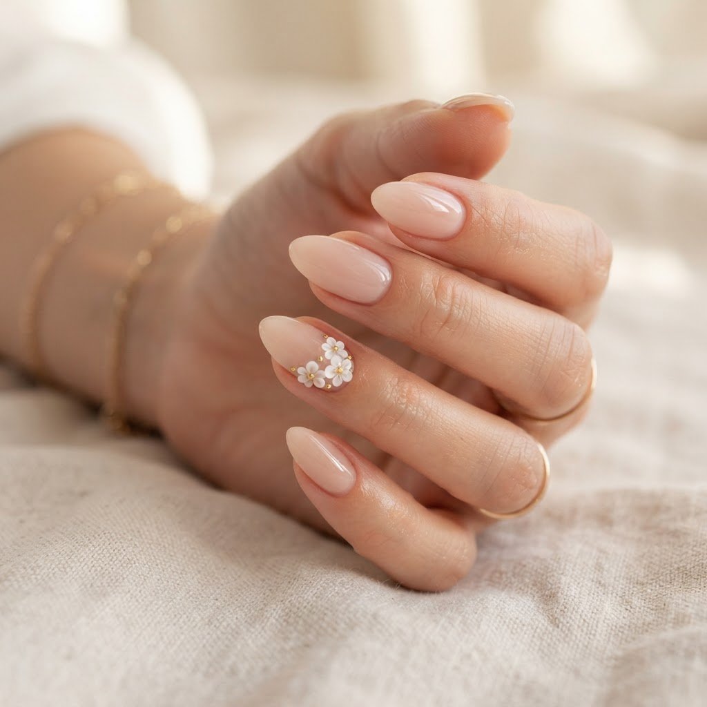 Stunning Nude Almond Fake Nails Designs with 3D Accents