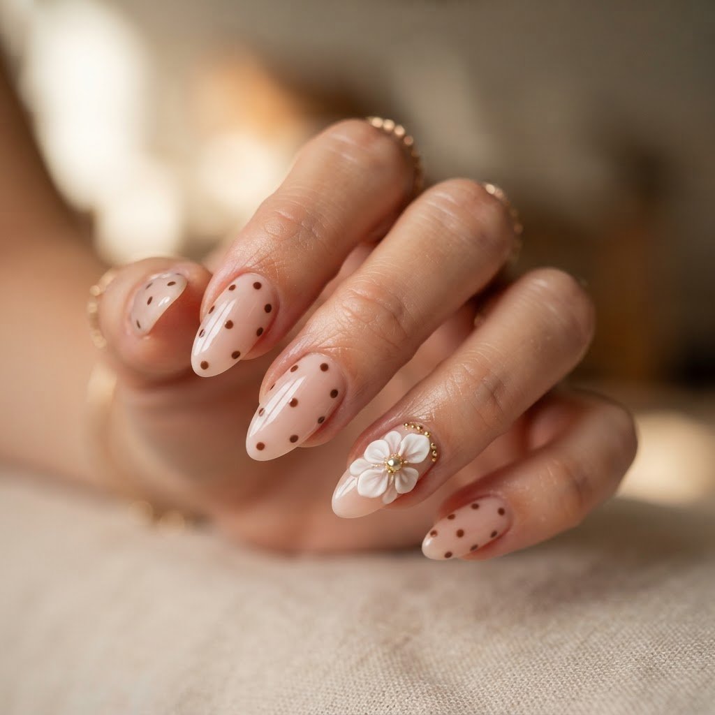 Stunning Nude Pink and Chocolate Polka Dot Press On Nails Ideas