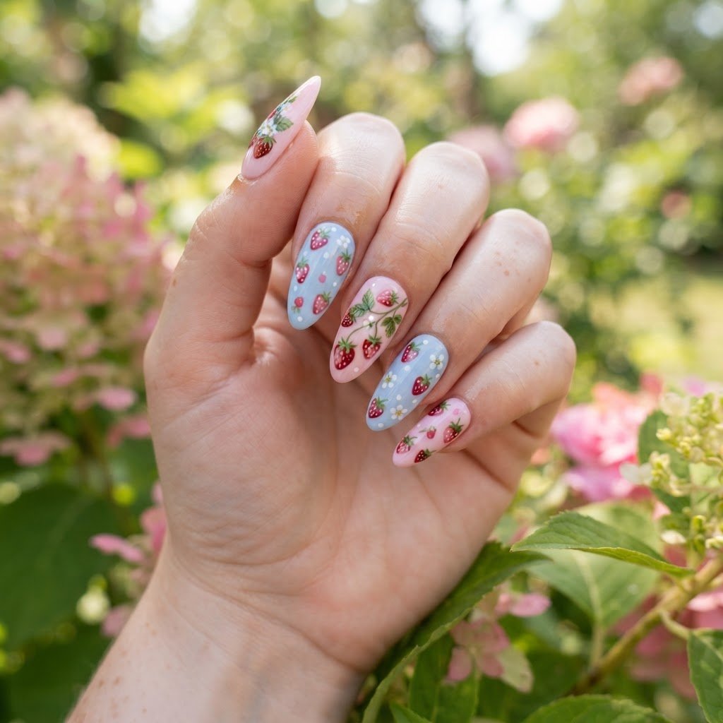 Pastel Strawberry Press On Nails Ideas for Summer