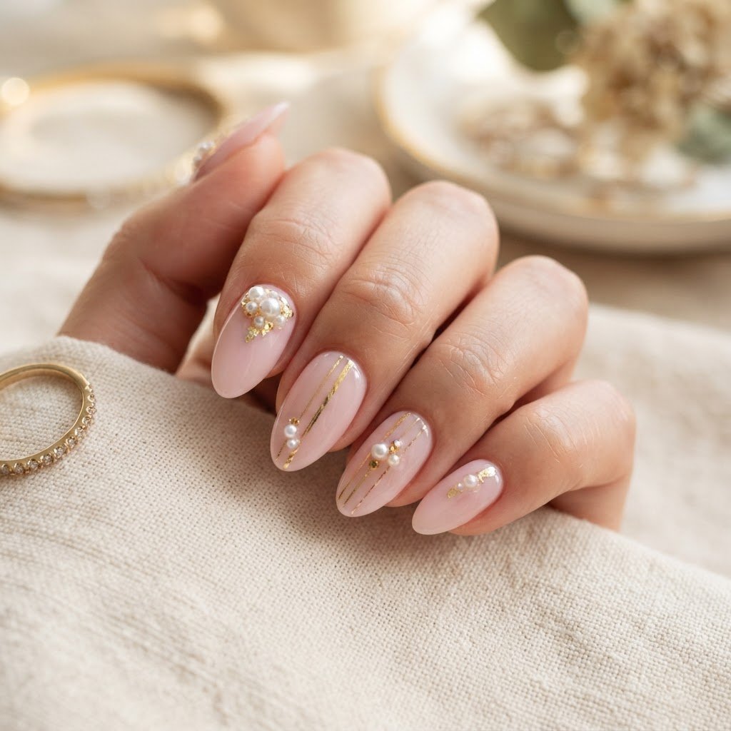 Pearl and Gold Accent Soft Pink Press-On Nail Ideas