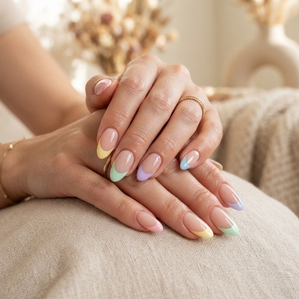 Pastel Multi-Color Press On Nails French Tip Style