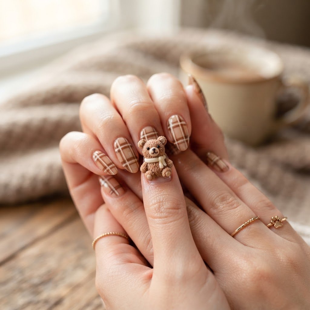 Creative Press on Nails Ideas for a Cozy Plaid & Bear Look