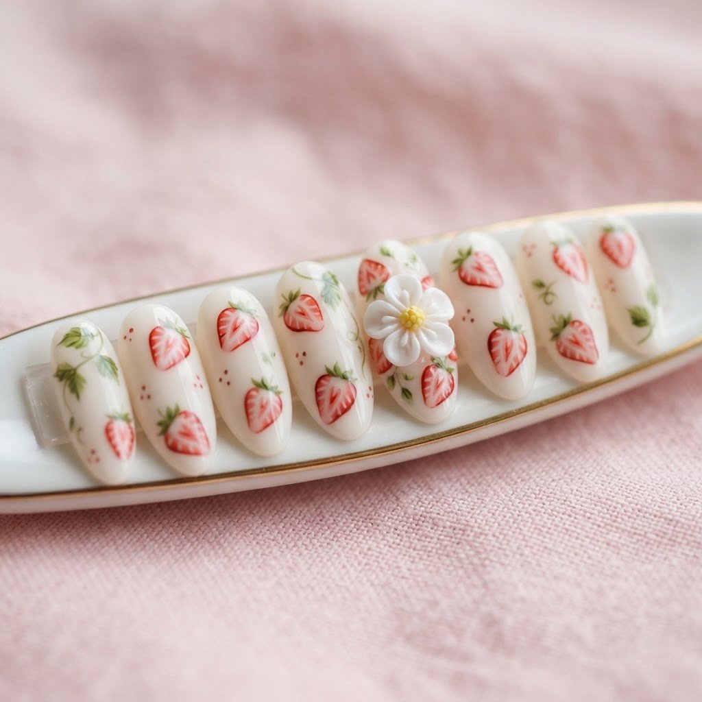 Creative Press on Nails Ideas: Strawberry Citrus 3D Florals