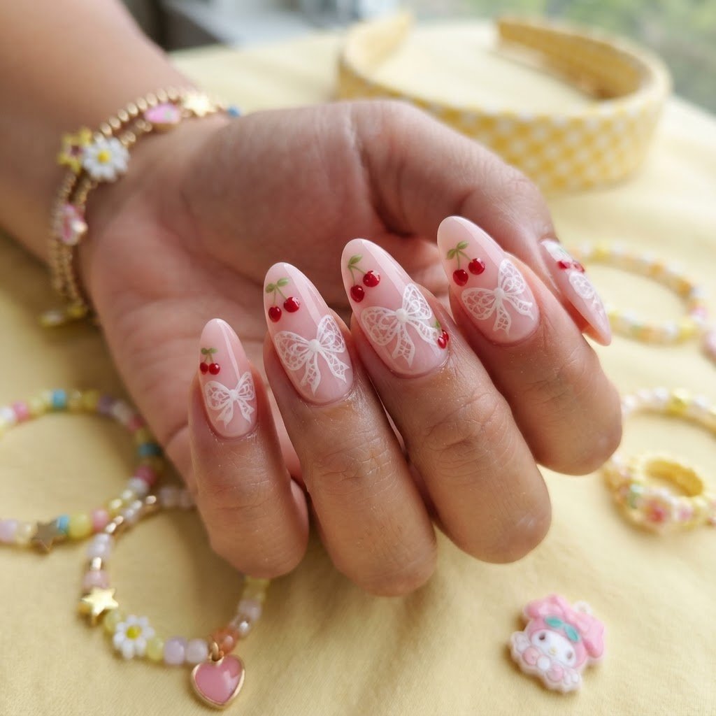 Retro Apple Coquette Press On Nails Ideas for Y2K Vibes