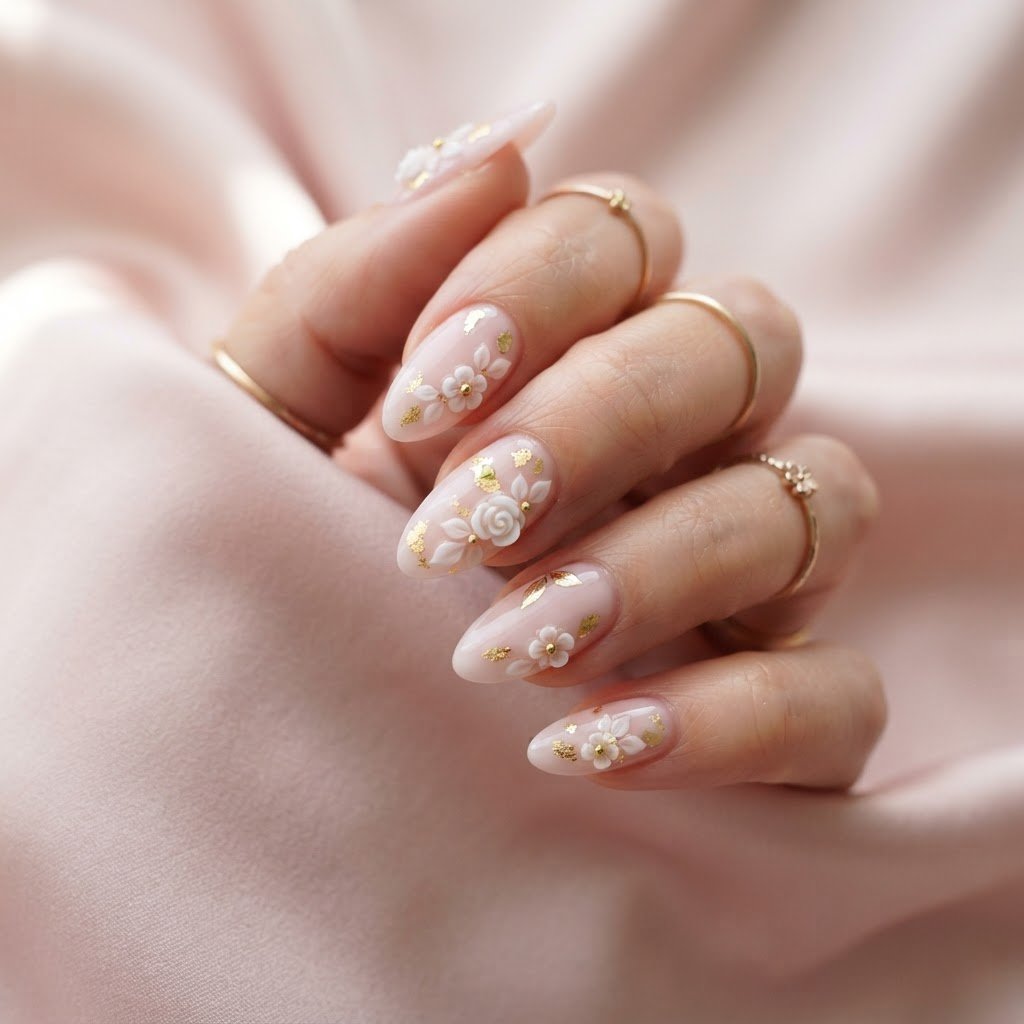 Soft Pink 3D Floral Press-On Nails: Aesthetic Nail Ideas