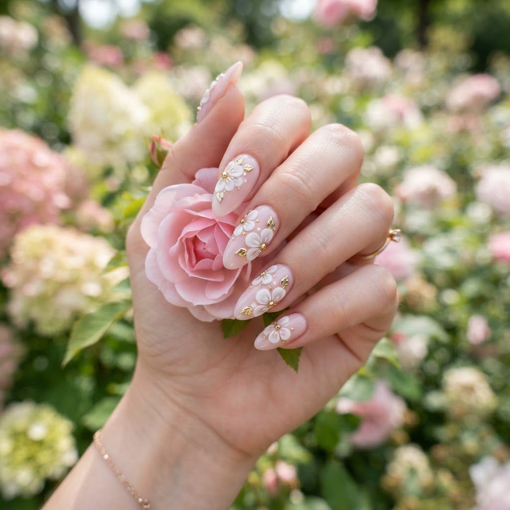 Stunning Soft Pink 3D Floral Press On Nails Ideas