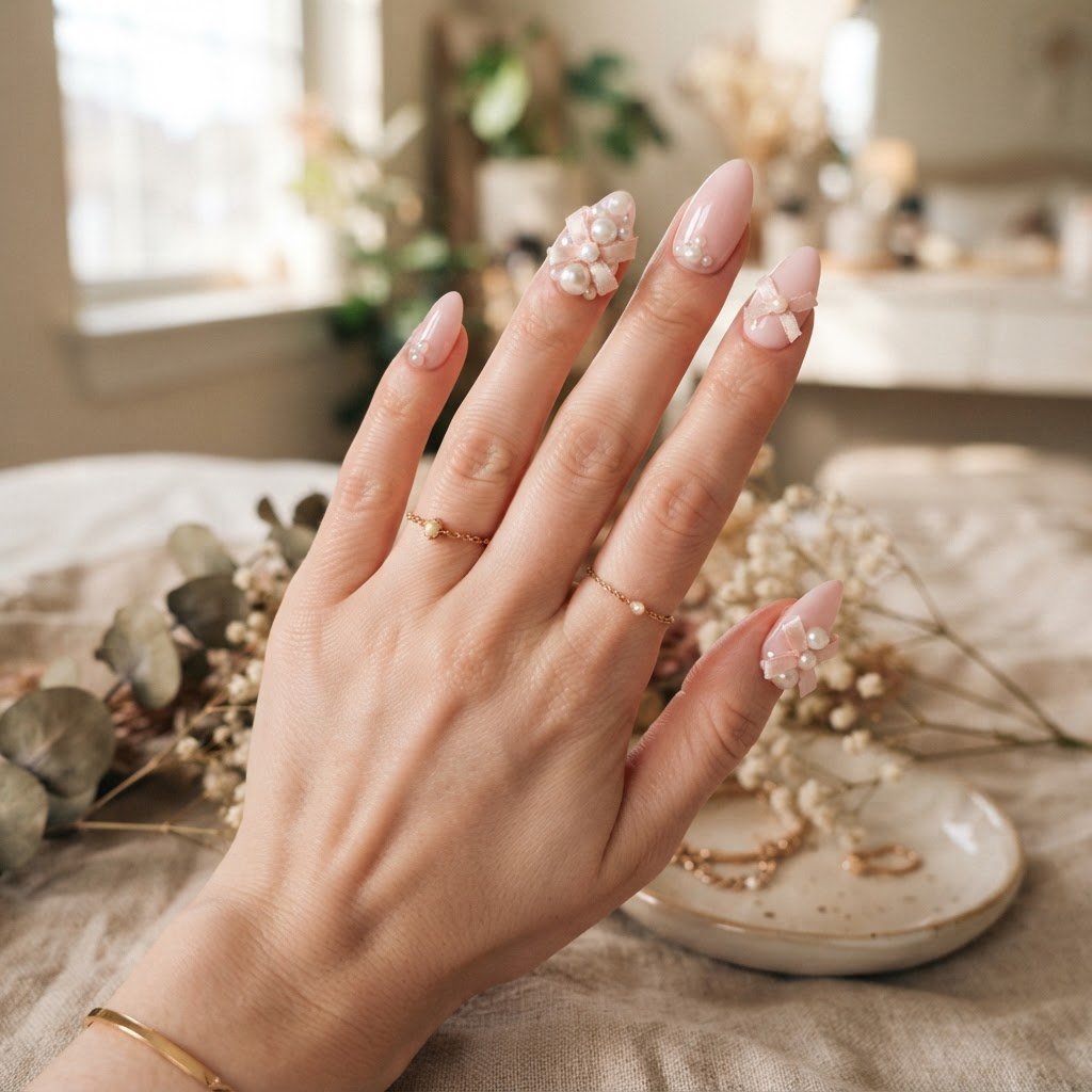 Handmade Soft Pink Pearl and Bow Press-On Nails Guide