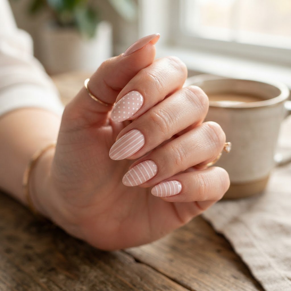 Creative Press On Nails Ideas: Soft Pink Polka Dots & Stripes