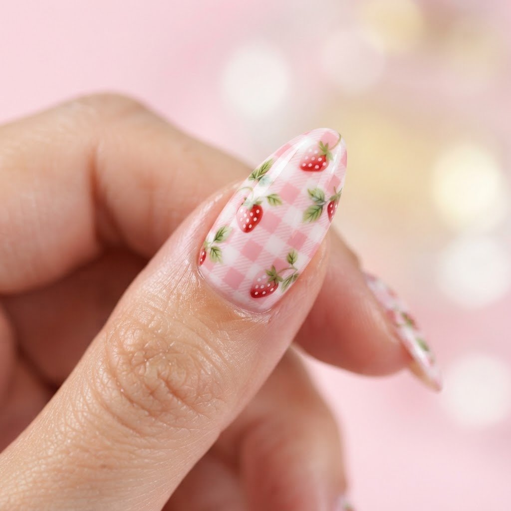 Strawberry Gingham Press-On Nails for Picnic Season