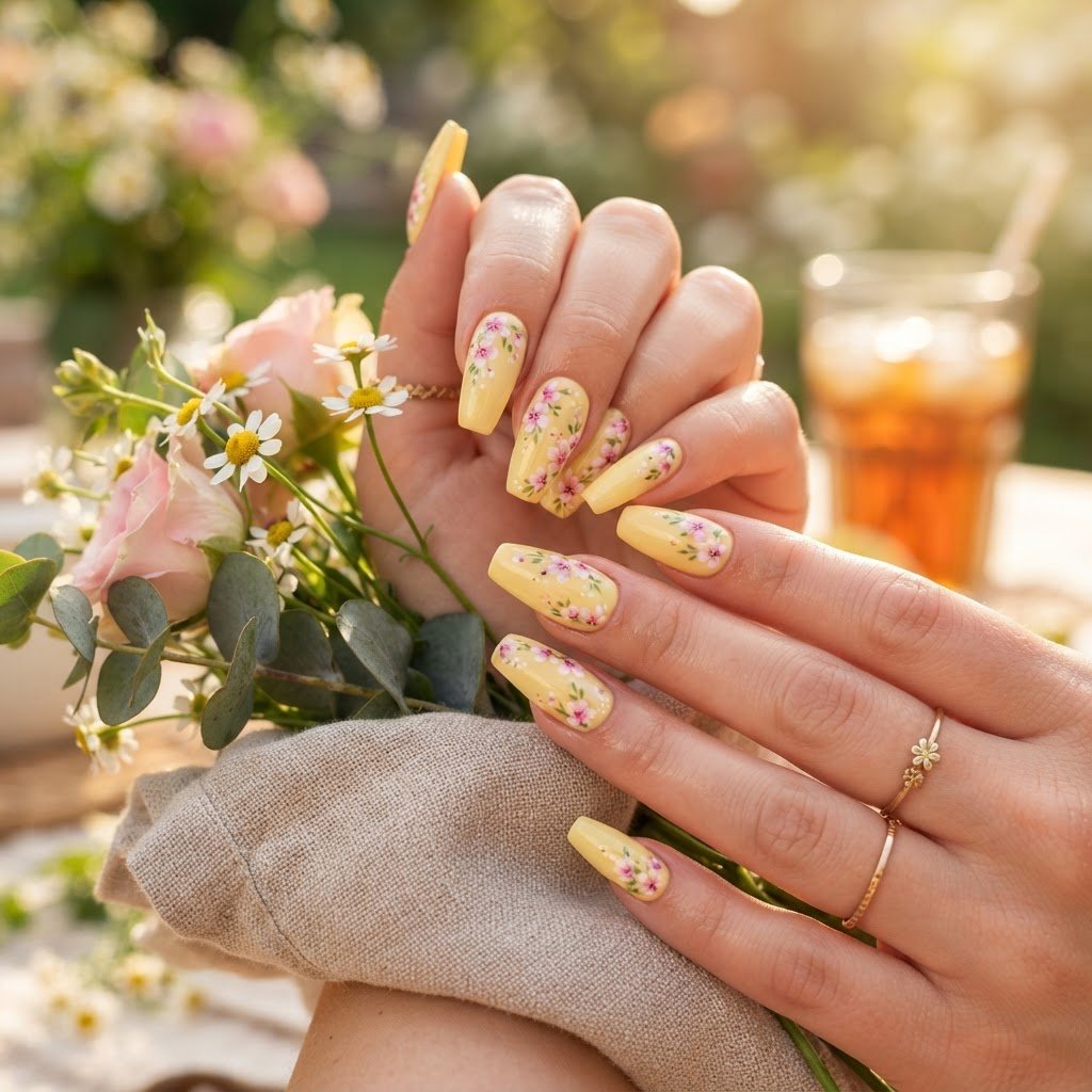 Summer Press On Nails Ideas: Butter Yellow & Pink Flowers
