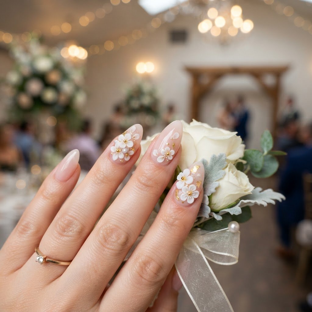 Wedding Guest Press-On Nails: Soft Pink 3D Floral Ideas